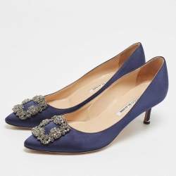 Pre Owned Manolo Blahnik Navy Blue Satin Hangisi Pumps Size 37.5
