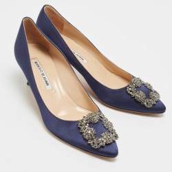 Pre Owned Manolo Blahnik Navy Blue Satin Hangisi Pumps Size 37.5