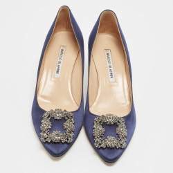 Pre Owned Manolo Blahnik Navy Blue Satin Hangisi Pumps Size 37.5