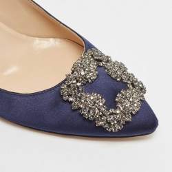 Pre Owned Manolo Blahnik Navy Blue Satin Hangisi Pumps Size 37.5