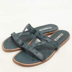 Manolo Blahnik Blue Ostrich Leather Flats Size 38