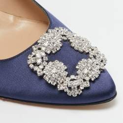Pre Owned Manolo Blahnik Navy Blue Satin Hangisi Pumps Size 40.5