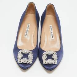 Pre Owned Manolo Blahnik Navy Blue Satin Hangisi Pumps Size 40.5