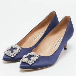 Pre Owned Manolo Blahnik Navy Blue Satin Hangisi Pumps Size 40.5