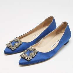 Manolo Blahnik Navy Blue Satin Hangisi Ballet Flats Size 38.5