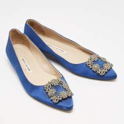 Manolo Blahnik Navy Blue Satin Hangisi Ballet Flats Size 38.5