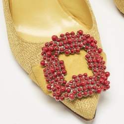 Manolo Blahnik Yellow Canvas and Suede Hangisi Pumps Size 36.5