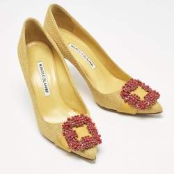 Manolo Blahnik Yellow Canvas and Suede Hangisi Pumps Size 36.5