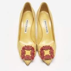 Manolo Blahnik Yellow Canvas and Suede Hangisi Pumps Size 36.5