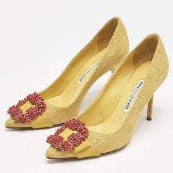 Manolo Blahnik Yellow Canvas and Suede Hangisi Pumps Size 36.5