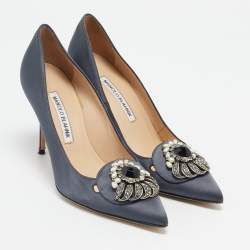  Manolo Blahnik Grey Satin Okkaava Emerald Pumps Size 36.5