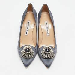  Manolo Blahnik Grey Satin Okkaava Emerald Pumps Size 36.5