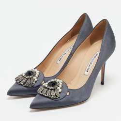  Manolo Blahnik Grey Satin Okkaava Emerald Pumps Size 36.5
