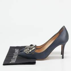  Manolo Blahnik Grey Satin Okkaava Emerald Pumps Size 36.5