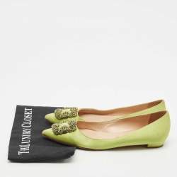 Manolo Blahnik Green Satin Hangisi Crystal Embellished Ballet Flats Size 39.5