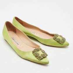 Manolo Blahnik Green Satin Hangisi Crystal Embellished Ballet Flats Size 39.5