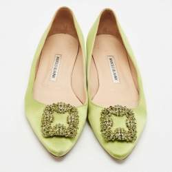 Manolo Blahnik Green Satin Hangisi Crystal Embellished Ballet Flats Size 39.5