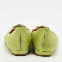 Manolo Blahnik Green Satin Hangisi Crystal Embellished Ballet Flats Size 39.5