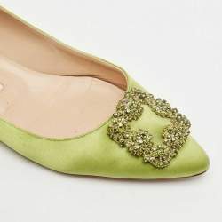 Manolo Blahnik Green Satin Hangisi Crystal Embellished Ballet Flats Size 39.5