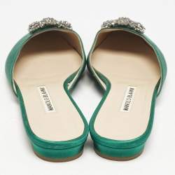 Manolo Blahnik Green Satin Hangisi Crystal Embellished Flat Mules Size 38