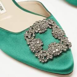 Manolo Blahnik Green Satin Hangisi Crystal Embellished Flat Mules Size 38