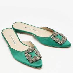 Manolo Blahnik Green Satin Hangisi Crystal Embellished Flat Mules Size 38