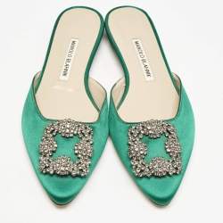 Manolo Blahnik Green Satin Hangisi Crystal Embellished Flat Mules Size 38