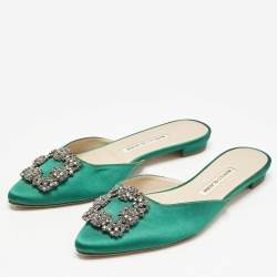 Manolo Blahnik Green Satin Hangisi Crystal Embellished Flat Mules Size 38