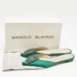Manolo Blahnik Green Satin Hangisi Crystal Embellished Flat Mules Size 38