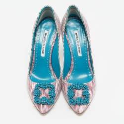 Manolo Blahnik Red/White Stripe Leather Hangisi Crystal Embellished Pumps Size 37