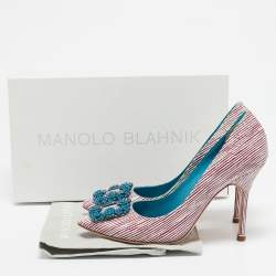 Manolo Blahnik Red/White Stripe Leather Hangisi Crystal Embellished Pumps Size 37