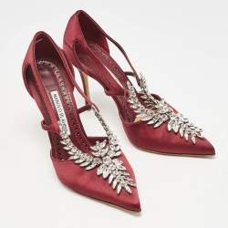 Manolo Blahnik Burgundy Satin Crystal Embellished Lala Pumps Size 38