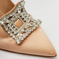 Manolo Blahnik Beige Satin Borlak Crystal Embellished Pointed Toe Pumps Size 36