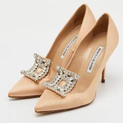 Manolo Blahnik Beige Satin Borlak Crystal Embellished Pointed Toe Pumps Size 36