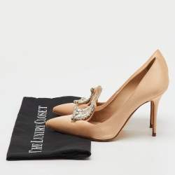 Manolo Blahnik Beige Satin Borlak Crystal Embellished Pointed Toe Pumps Size 36