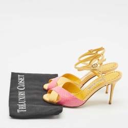 Pre Owned Manolo Blahnik Yellow/Pink Python Embossed Patent Leather Mumbi Ankle Strap Sandals Size 36