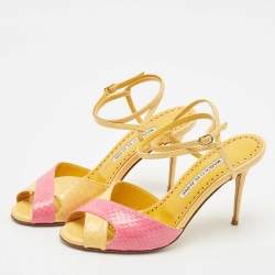 Pre Owned Manolo Blahnik Yellow/Pink Python Embossed Patent Leather Mumbi Ankle Strap Sandals Size 36