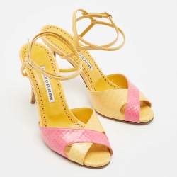 Pre Owned Manolo Blahnik Yellow/Pink Python Embossed Patent Leather Mumbi Ankle Strap Sandals Size 36