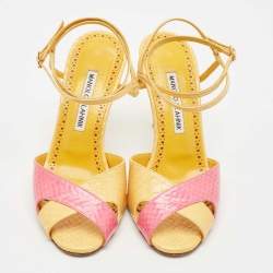 Pre Owned Manolo Blahnik Yellow/Pink Python Embossed Patent Leather Mumbi Ankle Strap Sandals Size 36