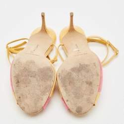 Pre Owned Manolo Blahnik Yellow/Pink Python Embossed Patent Leather Mumbi Ankle Strap Sandals Size 36