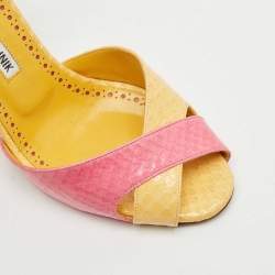Pre Owned Manolo Blahnik Yellow/Pink Python Embossed Patent Leather Mumbi Ankle Strap Sandals Size 36