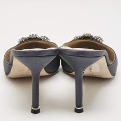 Pre Owned Manolo Blahnik Grey Satin Hangisi Pointed-Toe Mules Size 39
