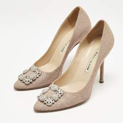 Manolo Blahnik Pale Pink Metallic Lurex Fabric Hangisi Pumps Size 39