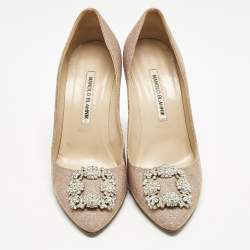 Manolo Blahnik Pale Pink Metallic Lurex Fabric Hangisi Pumps Size 39