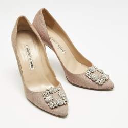 Manolo Blahnik Pale Pink Metallic Lurex Fabric Hangisi Pumps Size 39