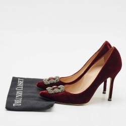 Manolo Blahnik Burgundy Velvet Hangisi Crystal Embellished Pumps Size 41