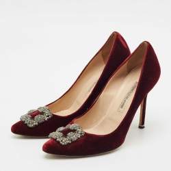 Manolo Blahnik Burgundy Velvet Hangisi Crystal Embellished Pumps Size 41