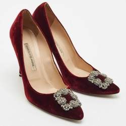 Manolo Blahnik Burgundy Velvet Hangisi Crystal Embellished Pumps Size 41