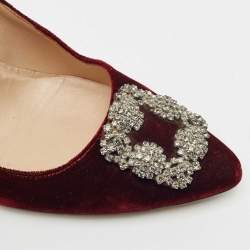 Manolo Blahnik Burgundy Velvet Hangisi Crystal Embellished Pumps Size 41
