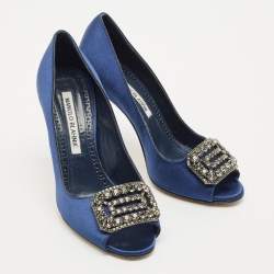 Manolo Blahnik Navy Blue Satin Matik Peep Toe Pumps Size 35